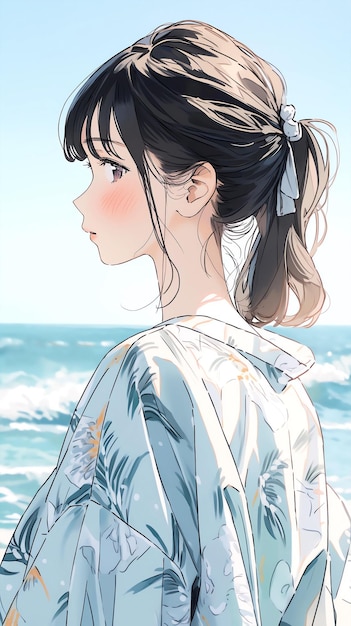 Handgezeichnete Anime-Illustration eines schönen Mädchens am Meer