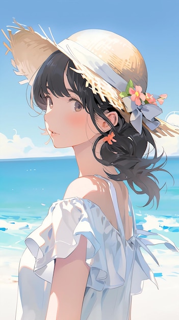 Handgezeichnete Anime-Illustration eines schönen Mädchens am Meer