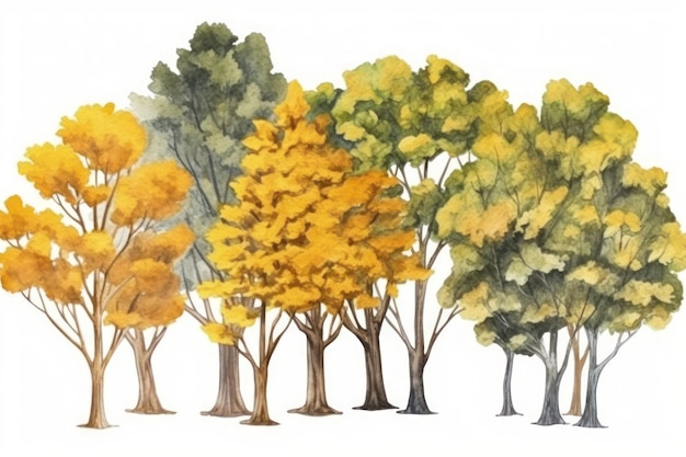 Handgezeichnete Aquarell-Ginkgo-Bäume-Sammlung. Set von Ginkgo-Bäumen in einem Waldpaket. Generative KI