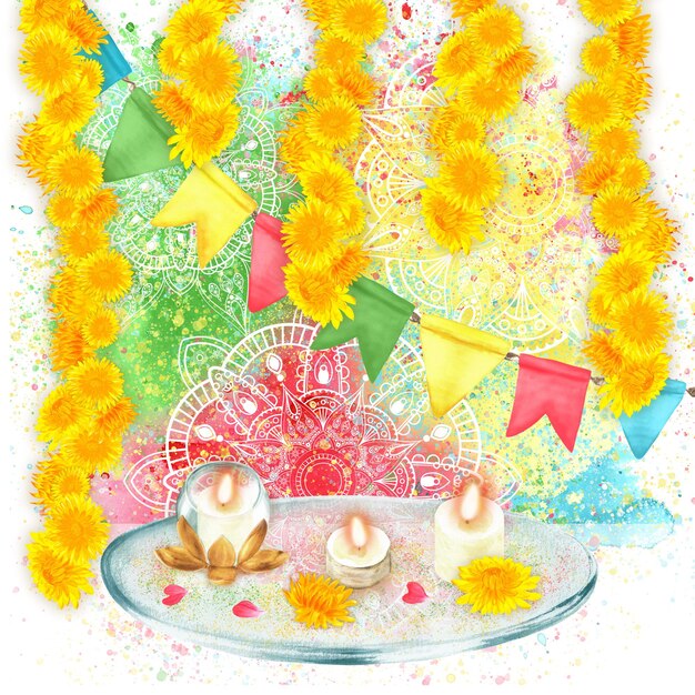 Handgezeichnete Aquarell-Holi-Komposition mit buntem Hintergrund und Mandala und Kerzen
