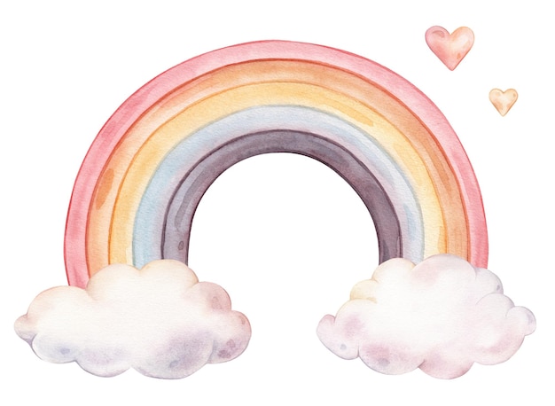 Handgezeichnete Aquarell-Illustration des Regenbogens und der Wolken für Einladungen zu Babyshower oder Kindergartenwandkunst Zeichnung des Himmels mit Herz vfür die Übertragung einer traumhaften mystischen Atmosphäre für Kinder Grußkarte