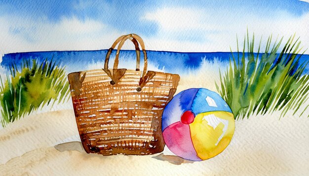 Handgezeichnete Aquarell-Illustration mit Wicker-Strandtasche und Beachball auf dem Sand im Hintergrund