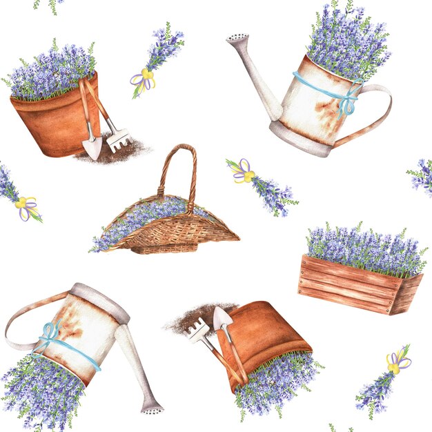 Handgezeichnete Aquarell-Illustration nahtloses Provence-Muster mit Lavendel-Wickelkorbblumentopfen