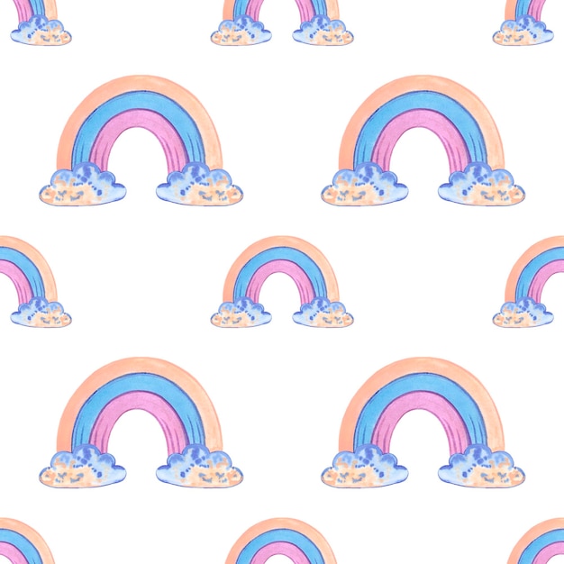 Handgezeichnete Aquarell-Regenbogenwolken mit nahtlosem Muster Kinder Textilplakat Label Banner Postkarte
