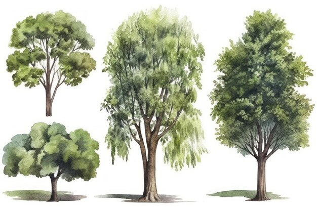 Handgezeichnete Aquarell-Sammlung von schwarzen Walnussbäumen, generative KI