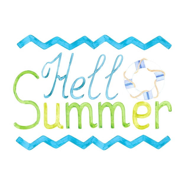 Handgezeichnete Aquarell-Sommer-Postkarten-Textkomposition, isoliert auf weißem Hintergrund Marine-Illustration kann für Kartenetiketten, Einladungen und andere gedruckte Produkte verwendet werden