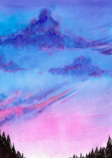 Handgezeichnete Aquarell-Sonnenuntergang-Himmelsillustration Sonnenuntergangshintergrund Sammelalbum-Postkarten-Banner-Etikett