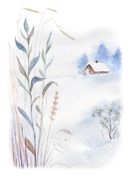 Foto handgezeichnete aquarell-winterlandschaft