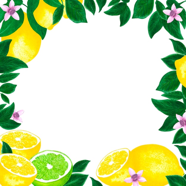 Handgezeichnete Aquarell-Zitronenlimette mit Zitronenblumen- und -blattrahmen isoliert auf weißem Hintergrund Sammelalbum-Postkarten-Banneretikett