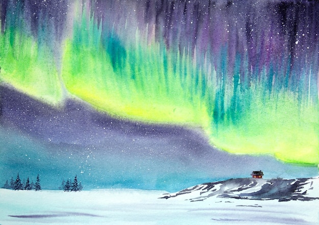 Foto handgezeichnete aquarelle nordlichter landschaft aquarelle aurora