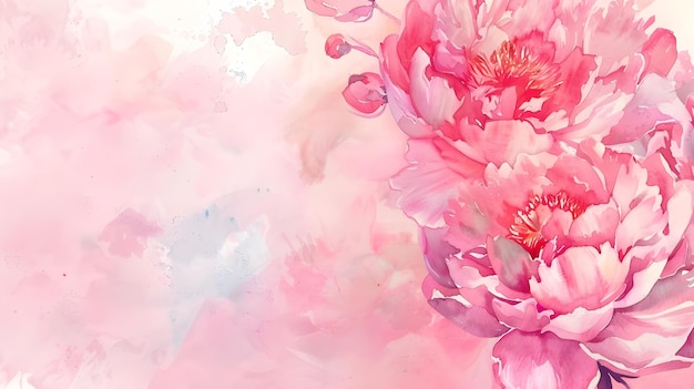 Handgezeichnete Aquarellillustration mit Pfeonenblumen auf hellrosa Hintergrund für einen Muttertag