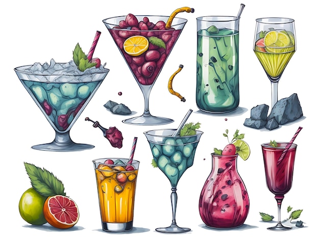 Handgezeichnete Aquarellillustration von Cocktailfrüchten und tropischen Blättern auf weißem Hintergrund