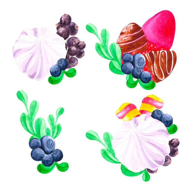 Handgezeichnete Aquarellkomposition mit Heidelbeer-Erdbeer-Marshmellow und schwarzen Johannisbeeren Scrapbook-Postkarten-Banner-Label