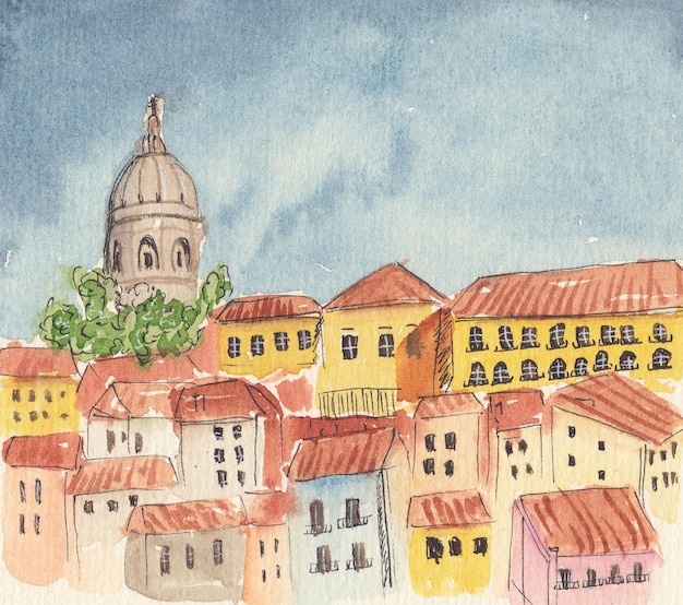 handgezeichnete aquarellskizze der stadt