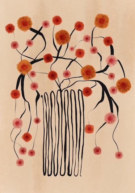 Handgezeichnete Blume im Topf Strichzeichnungen Botanische Blumenkunst Beige und schwarze minimalistische ästhetische Blume