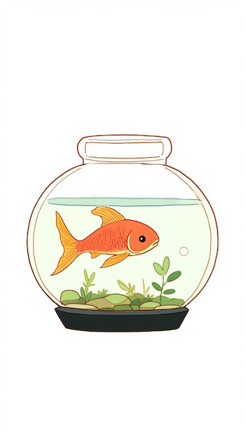 Handgezeichnete Cartoon-Aquarellillustration eines Goldfisches im Aquarium