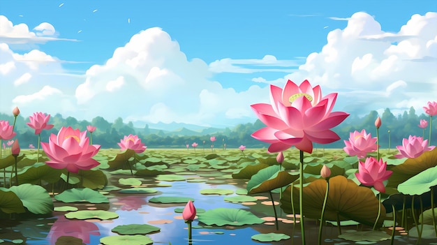 handgezeichnete Cartoon-Illustration von Lotus im Wasser
