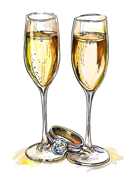 Handgezeichnete Champagnergläser mit einem Diamantring für Frauen. Hohe Qualität