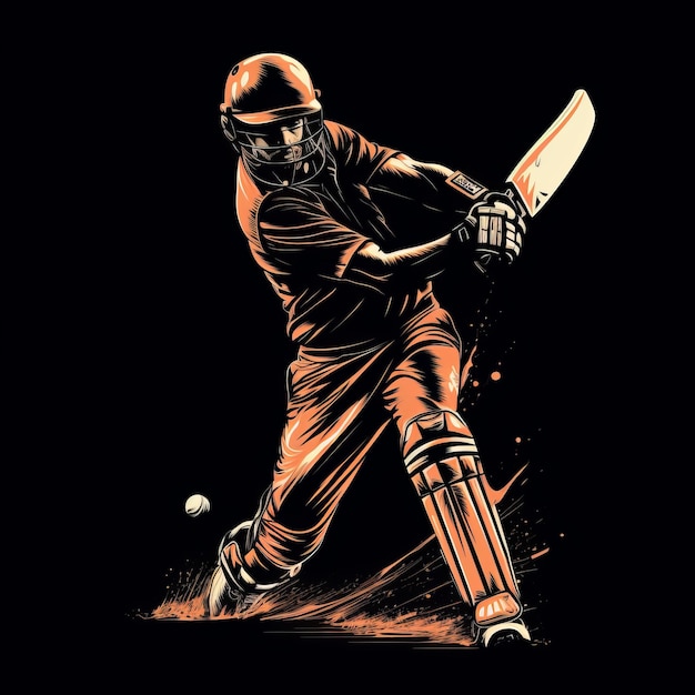 Handgezeichnete Cricket-Spieler-T-Shirt-Grafik auf schwarzem Hintergrund