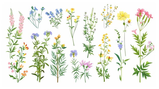 Handgezeichnete detaillierte botanische moderne Illustration von wilden Kräutern, Kräuter, Blütenpflanzen, blühenden Blüten, Sträuchern und Unterbüschen, die auf weißem Hintergrund isoliert sind