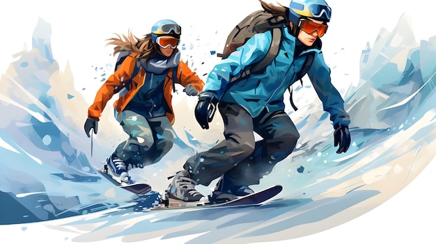 Handgezeichnete digitale Illustration von Snowboarder Snowboarding in der Wintersaison Schneesportarten