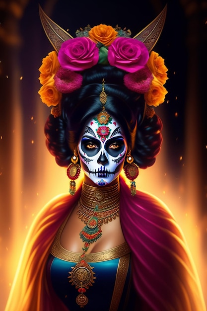 Handgezeichnete flache Dia de Muertos-Schädel isoliert auf dunklem Hintergrund