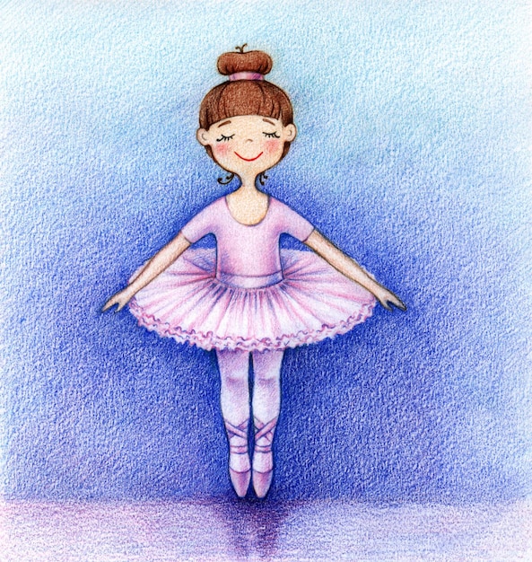 Handgezeichnete Illustration des kleinen Balletttänzers auf der Bühne durch die Farbstifte