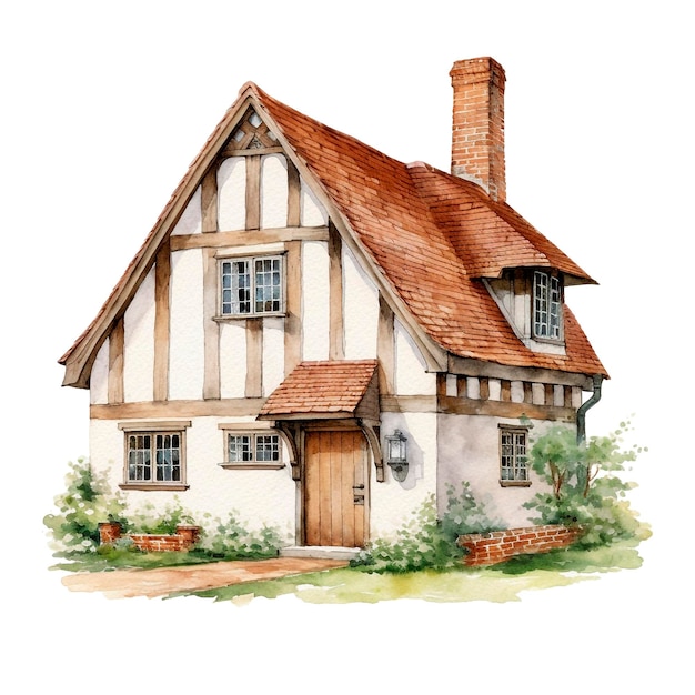 Handgezeichnete Illustration eines traditionellen englischen Dorfhauses, isoliert auf weißem Hintergrund, Aquarell, gemütliches Haus mit Strohdachpflanzen und Himmel