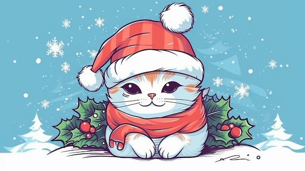 Handgezeichnete Illustratorfigur süße Katze für Weihnachten Generative KI