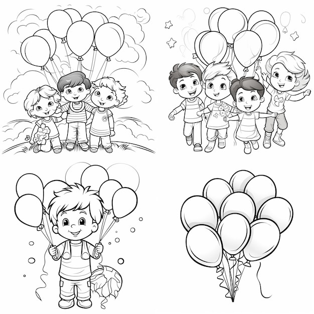 Foto handgezeichnete kawaii-ballons geburtstagsfeier für kinder malbuchseite für kinder