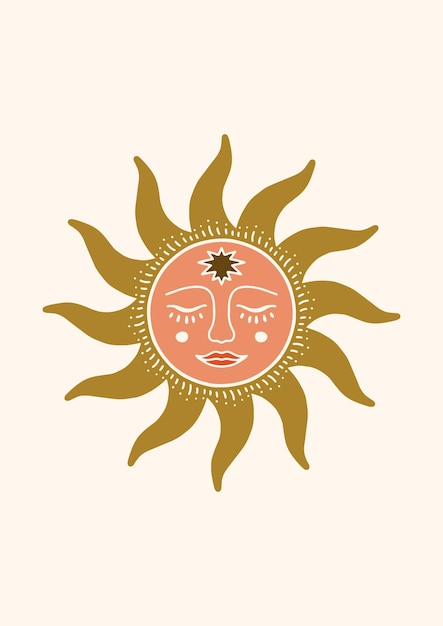 Handgezeichnete Sonne mit Gesicht Vektorillustration im groovy Boho-Stil