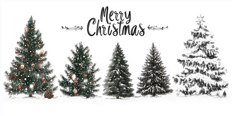 Foto handgezeichnete weihnachtsbäume, die mit ornamenten und schneeflocken geschmückt sind, feiern die feierzeit