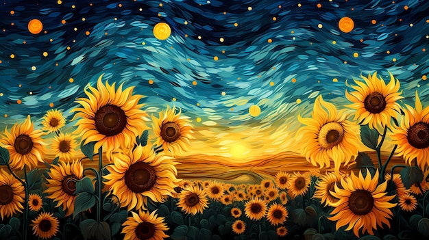 handgezeichnete Zeichentrickfilm-Sonnenblumen-Illustration unter dem sternenreichen Himmel