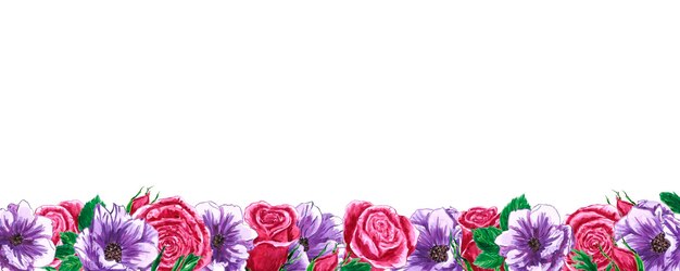 Handgezeichneter Anemonen- und Rosenrahmen Aquarellwindblumengrenze auf dem weißen Hintergrund