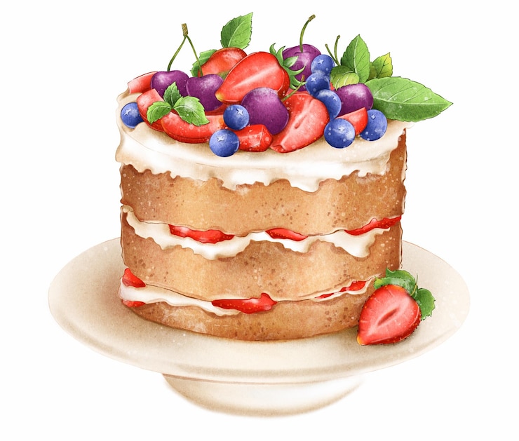 Foto handgezeichneter, appetitanregender kuchen mit erdbeeren, kirschen und blaubeeren