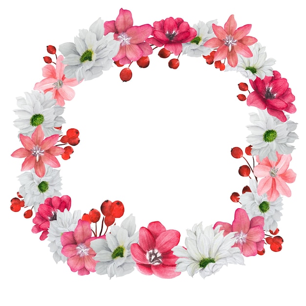 Handgezeichneter Aquarell-Blumenkranz mit roten und weißen Blumen und roten Beeren, zwei Optionen auf Weiß