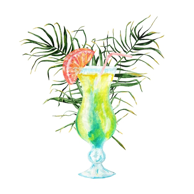 Foto handgezeichneter aquarell-cocktail und palmzweige auf weißem hintergrund
