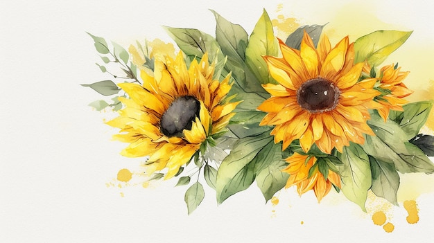 Handgezeichneter Aquarell-Sonnenblumen-Hintergrund auf weißem Hintergrund. Generative KI