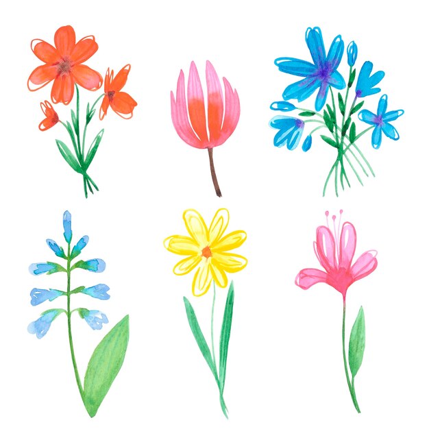 Handgezeichneter, aquarellierter, abstrakter Gänseblümchen- und Tulpenblumenstrauß isoliert auf weißem Hintergrund. Kann für Karten, Etiketten, Poster und andere Druckerzeugnisse verwendet werden