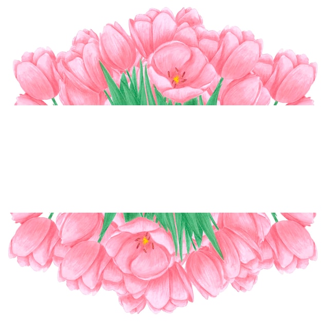 Handgezeichneter Aquarellrahmen mit rosa Tulpen auf weißem Hintergrund. Scrapbook-Postkarten-Hochzeitseinladungsalbum