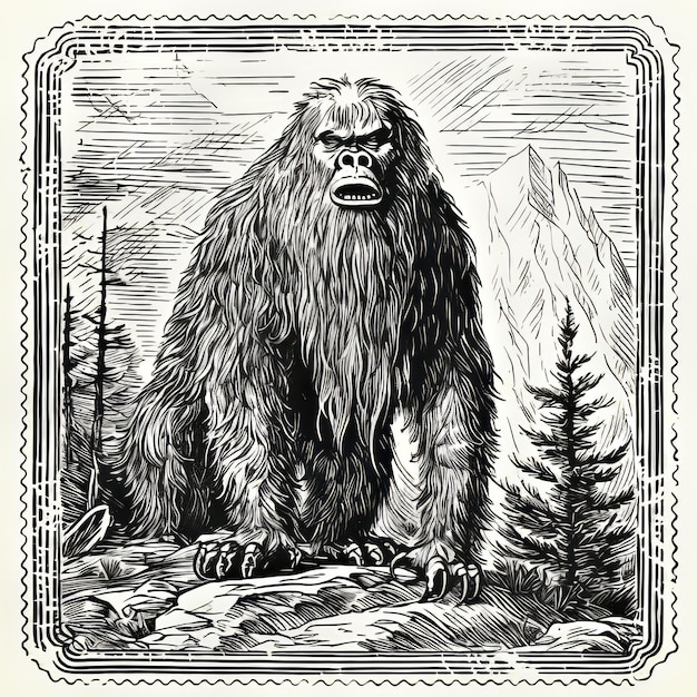 Handgezeichneter Bigfoot in den Bergen Ravi Zupa inspiriert Monochrome Gravurdruck