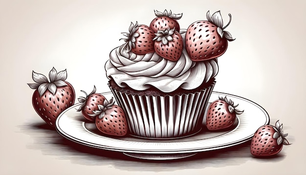 Handgezeichneter Cupcake mit Erdbeerbeeren