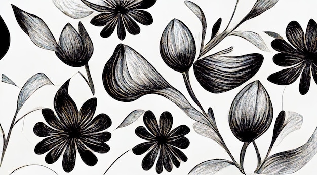 Handgezeichneter floraler Sommerhintergrund Botanischer nahtloser Hintergrund abstrakter Blumen Skizzenzeichnung Vintage-Stil Schwarz und Weiß