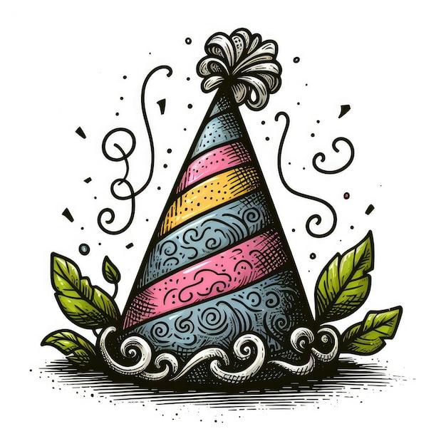 Handgezeichneter Geburtstagskegel in farbenfrohem Vintage-Stil, isoliert auf weißem Hintergrund