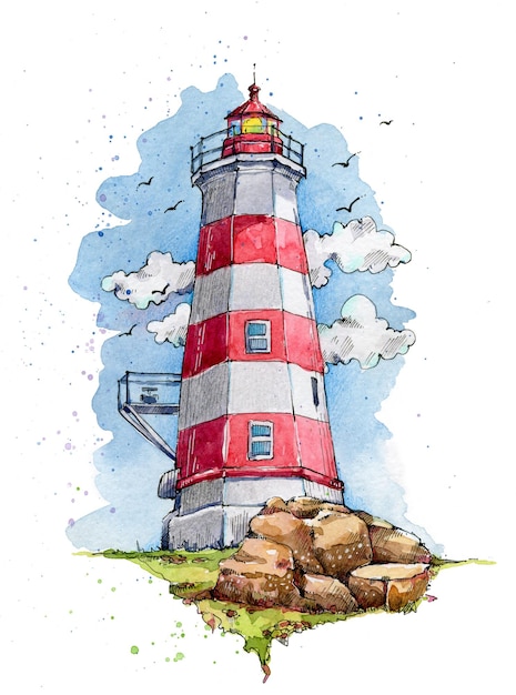 Handgezeichneter Leuchtturm in Aquarell und Tinte