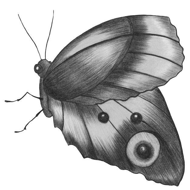 Handgezeichneter schwarz-weißer Schmetterling isoliert auf weißem Hintergrund. Schmetterlingsillustration, gezeichnet mit Bleistift. Handgezeichnete Motten-Clipart