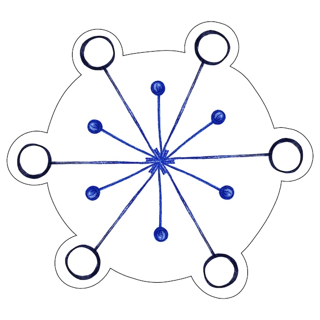 Handgezeichneter Weihnachts-Schneeflocken-Aufkleber, isoliert auf weißem Hintergrund Neujahrsillustration, gezeichnet mit farbigem Bleistift Blaue Schneeflocke Wintersymbol von Weihnachten