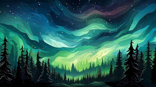 Foto handgezeichneter zeichentrickfilm mit schöner nacht-aurora-illustration