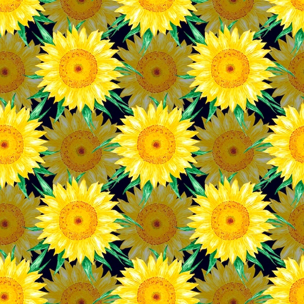 Handgezeichnetes Aquarell, gelbes Sonnenblumen-Nähtlosmuster, isoliert auf schwarzem Hintergrund, kann für Geschenkverpackungen, Textilwandpapier und andere gedruckte Produkte verwendet werden