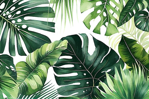Handgezeichnetes Aquarell tropische Pflanzen Hintergrund Exotische Palmenblätter Dschungelbaum Brasilien tropische Botanik